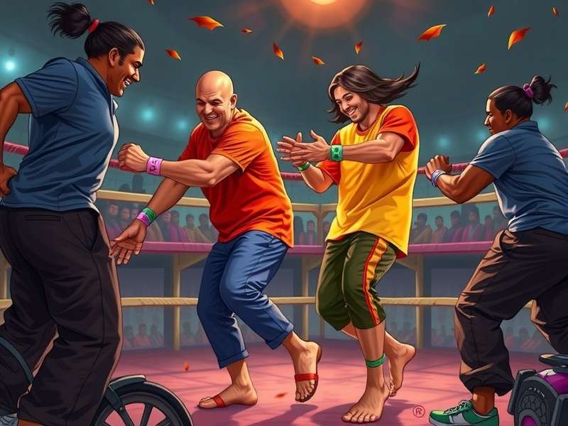 Side-by-side gameplay of Stumble Guys and Fall Guys on mobile and PC screens