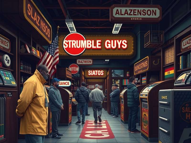 Stumble Guys colorful in-game shop interface with skins and gems