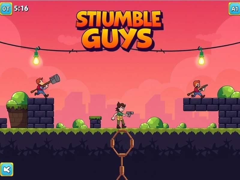 Stumble Guys game shown on multiple devices - mobile, PC, and tablet