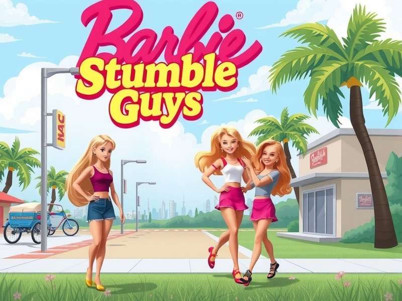Barbie-themed Stumble Guys characters running through a pink obstacle course