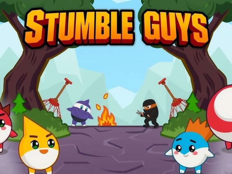 Colorful Stumble Guys characters racing in a chaotic obstacle course