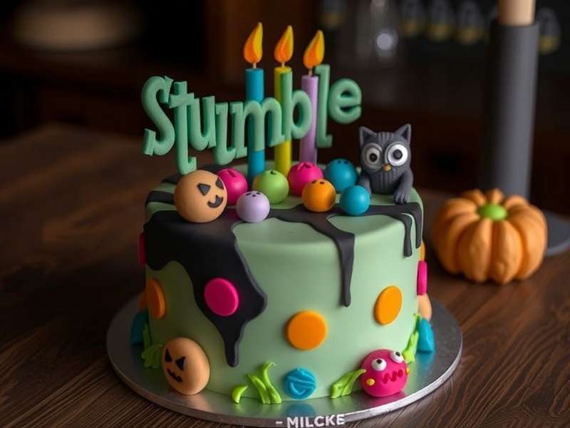Stumble Guys Cake Event Gameplay - Players celebrating with cake skins and confetti