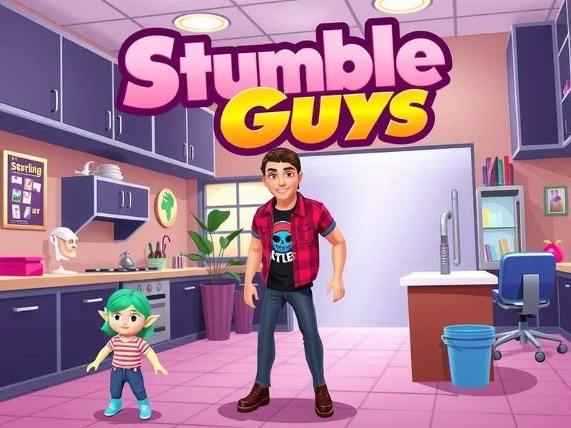 Stumble Guys characters dressed in Barbie and Ken outfits in a colorful Dreamhouse Rumble level