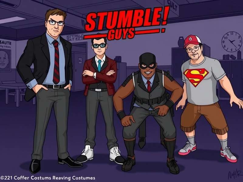 Stumble Guys Costumes collection showcase featuring rare skins and colourful outfits in a vibrant game lobby