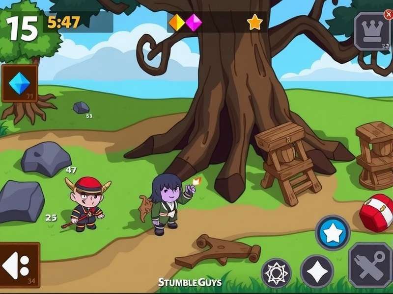 Stumble Guys gems guide banner showing characters and gems